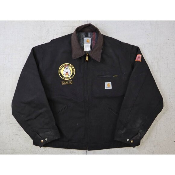 VTG Carhartt J01 Detroit Jacket 52 Black Duck Blanket Lined USA Union Patches